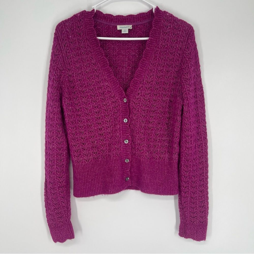 Sundance Leanna Pointelle Scalloped Fuchsia Cardigan - Picture 2 of 9